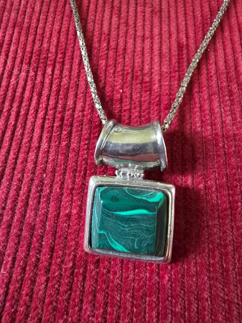 Sterling Silver and Malachite Square Slide Pendant | Marked 925 | Vintage